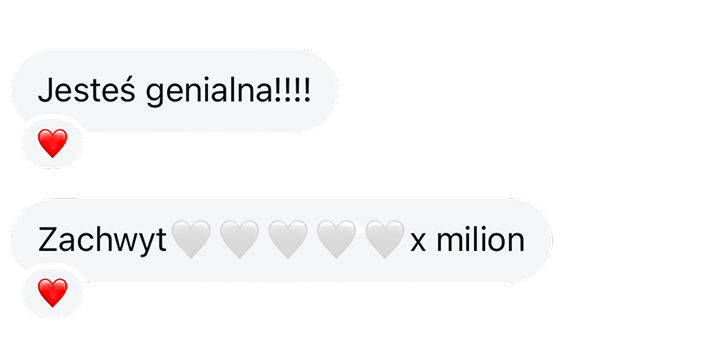 Niezwykle entuzjastyczna opinia dla Agaty Dargacz w formie screena wiadomości. Krótkie i emocjonalne komunikaty od klienta, "Jesteś genialna" oraz "Zachwyt x milion", świadczą o najwyższym poziomie zadowolenia i potwierdzają wyjątkową jakość jej pracy jako content creatora.