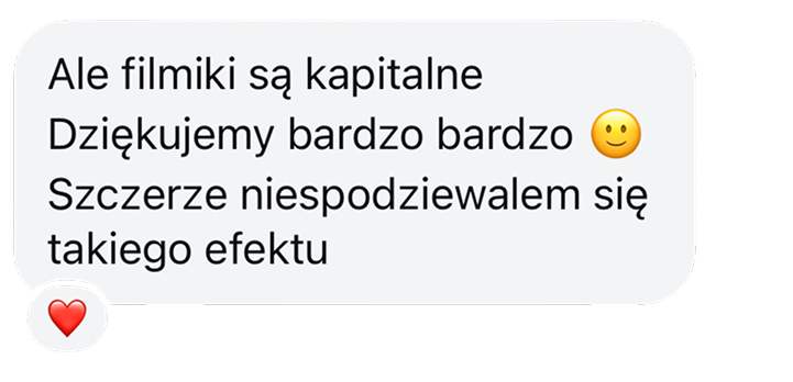Pozytywna opinia w formie screena wiadomości dla Agaty Dargacz za stworzone wideo. Klient jest zachwycony, pisząc, że "filmiki są kapitalne" i szczerze nie spodziewał się takiego efektu. To doskonałe potwierdzenie jakości jej pracy jako content creatora, który dostarcza rezultaty powyżej oczekiwań.